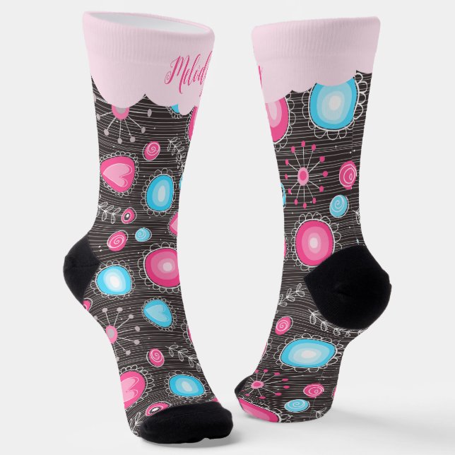 Whimsikalrosa blaue Herzen und Blume Blumenname Socken (Gewinkelt)