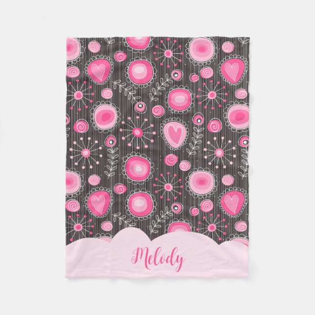Whimsikalrosa graue Herzen und Blume Blumenname Fleecedecke (Vorderseite)