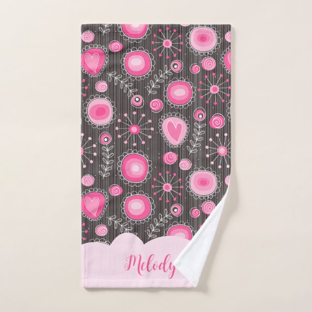 Whimsikalrosa graue Herzen und Blume Blumenname Handtuch (Handtuch)