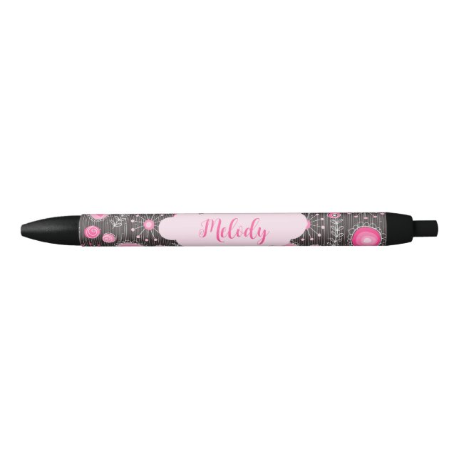 Whimsikalrosa graue Herzen und Blume Blumenname Kugelschreiber (Vorderseite)