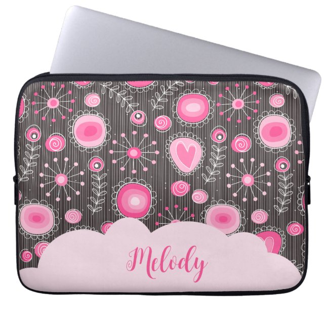 Whimsikalrosa graue Herzen und Blume Blumenname Laptopschutzhülle (Vorderseite)