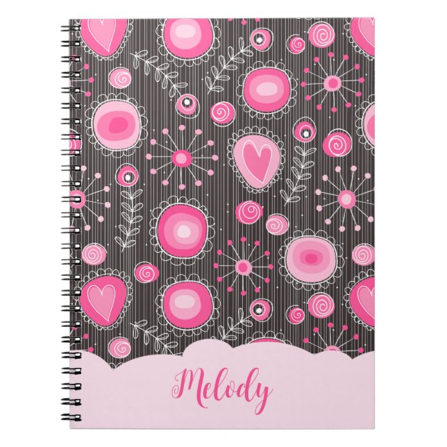 Whimsikalrosa graue Herzen und Blume Blumenname Notizblock (Vorderseite)