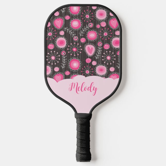 Whimsikalrosa graue Herzen und Blume Blumenname Pickleball Schläger (Vorderseite)
