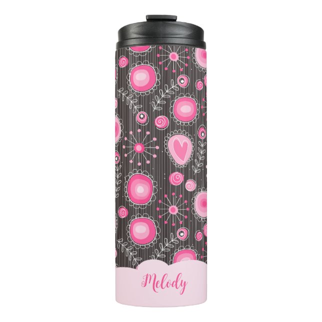 Whimsikalrosa graue Herzen und Blume Blumenname Thermosbecher (Vorderseite)