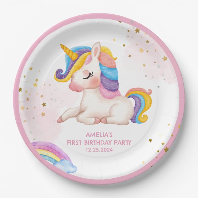 Whimsikalrosa Regenbogen einhorn 1. Geburtstag Par Pappteller (Vorderseite)