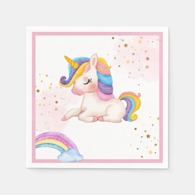 Whimsikalrosa Regenbogen einhorn 1. Geburtstag Par Serviette (Vorderseite)