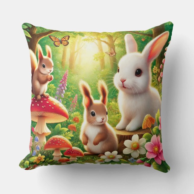 Whimsikalwaldszene mit Kaninchen, Eichhörnchen Kissen (Vorderseite)