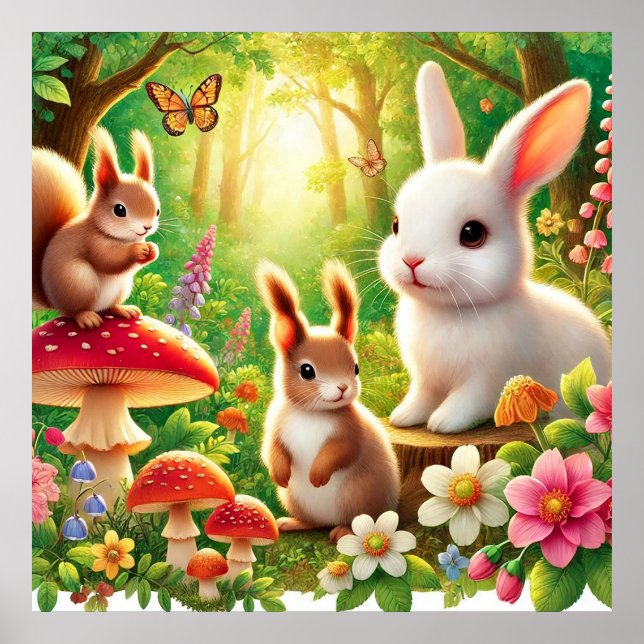 Whimsikalwaldszene mit Kaninchen, Eichhörnchen Poster (Vorne)