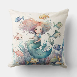 Whimsikäre Meerjungfrau Fischen Aquarell Kissen