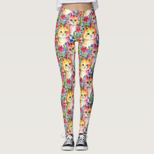 Whimsikfarbene Blume und Katzen farbig Leggings