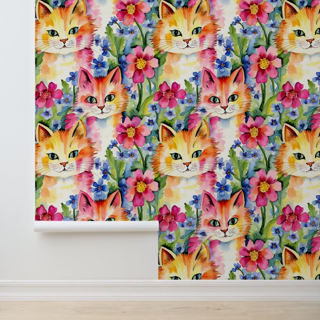 Whimsikfarbene Blume und Katzen farbig Tapete (Anwendung)