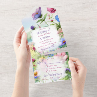 Whimsikfarbene Schmetterlinge und BlumenWeddin All In One Einladung