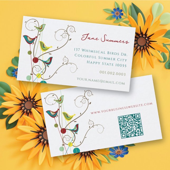 Whimsikfarbene Sommervögel und Wirbel Moderne Visitenkarte (Whimsical Colorful Summer Birds And Swirls Modern Business Card @ fat_fa_tin)