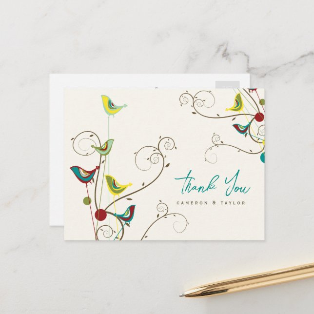 Whimsikfarbene Vögel und Wirbel Sommerhochzeit Postkarte (Vorderseite/Rückseite Beispiel)