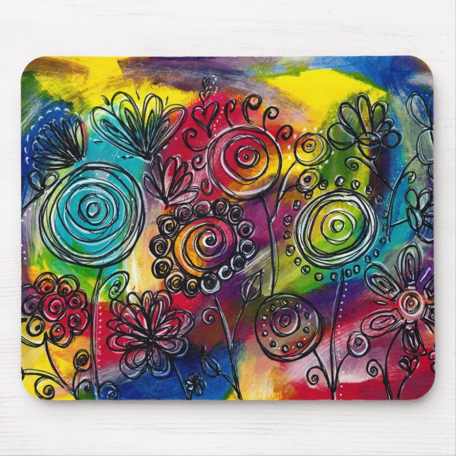 Whimsikfarbener Blumengarten Originelles Kunstwerk Mousepad (Vorne)
