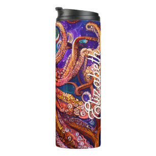 Whimsikfarbener Kraken mit Personalisiertem Namen Thermosbecher