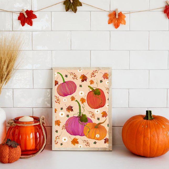 Whimsikins Herbstlaubs Wasserfarbe Kunst Poster (Pretty orange and pink pumpkins with falling autumn leaves. Watercolor )