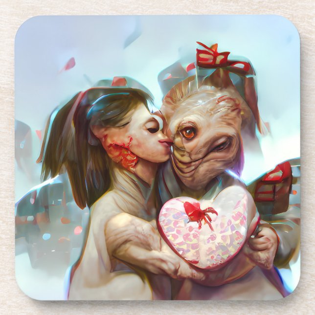 Whimsikische Alien Romance Getränkeuntersetzer (Vorderseite)