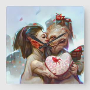 Whimsikische Alien Romance Quadratische Wanduhr