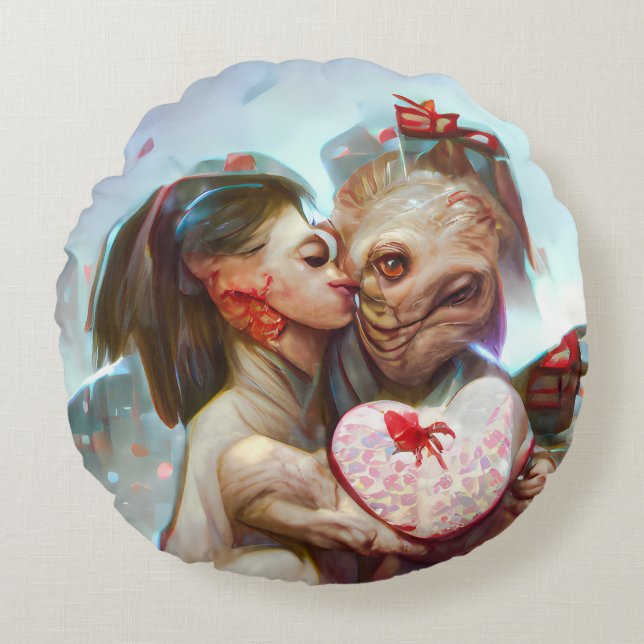 Whimsikische Alien Romance Rundes Kissen (Vorderseite)