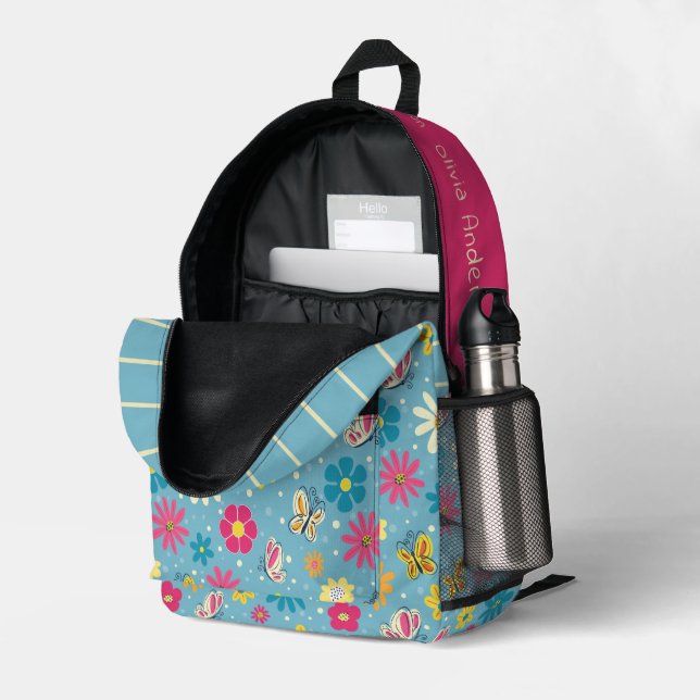 Whimsikische Blume Schmetterlinge Rucksack (Rückseitige Ecke links (Offen) )