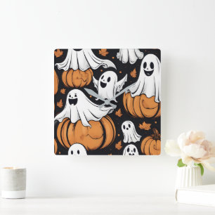 Whimsikische Geister, die unter Halloween-Kürbis s Quadratische Wanduhr