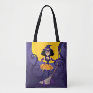 Whimsikische Hexe mit Broomstick und Mond Tasche