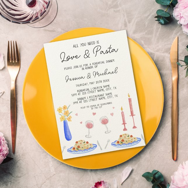 Whimsikische Liebe und Pasta Italienische Probe Ab Einladung (colorful watercolor illustration of italian pasta dinner)