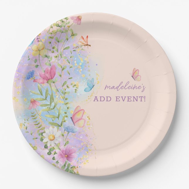 Whimsikische Wildblumen Blumengarten Brautparty Pappteller (Vorderseite)