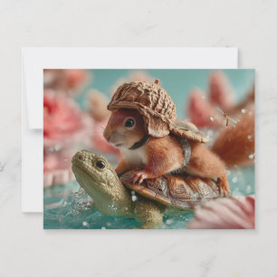Whimsikisches Eichhörnchen Reiten einer Schildkröt Postkarte
