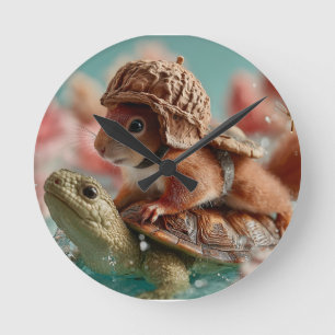 Whimsikisches Eichhörnchen Reiten einer Schildkröt Runde Wanduhr