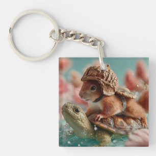Whimsikisches Eichhörnchen Reiten einer Schildkröt Schlüsselanhänger