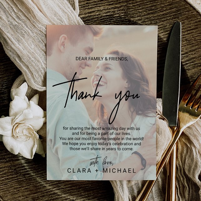 Whimsikkalligraphie | Foto ausgeblendet Dankeschön Postkarte (Whimsical Calligraphy | Faded Photo Thank You Card)