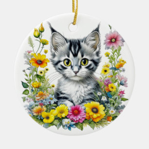 Whimsikkatze und Blume Personalisiert Weihnachten Keramik Ornament