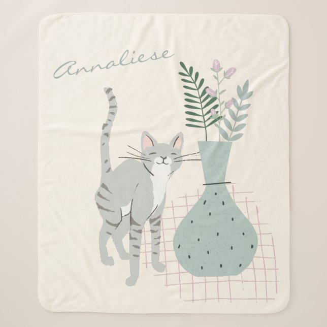 Whimsikkatze und Pflanze Sage Green Personalisiert Sherpadecke (Vorderseite)