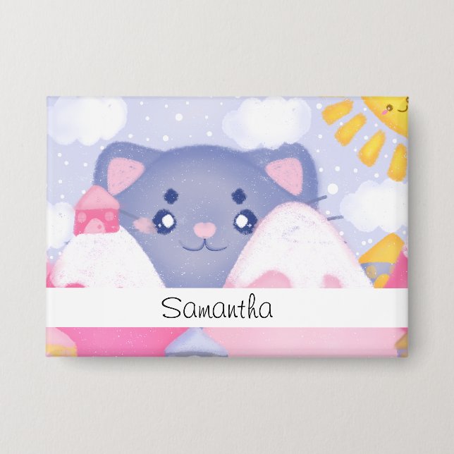 Whimsikkatze und Wintergebirge mit Niedlicher Sonn Button (Vorderseite)