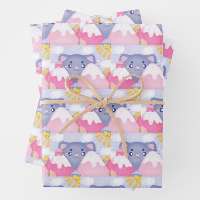 Whimsikkatze und Wintergebirge mit Niedlicher Sonn Geschenkpapier Set (Beispiel)