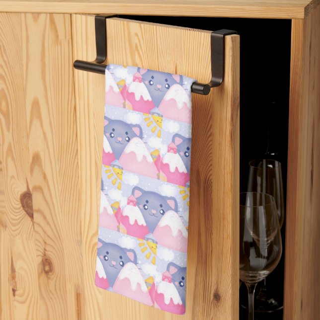 Whimsikkatze und Wintergebirge mit Niedlicher Sonn Geschirrtuch (Drittel gefaltet)