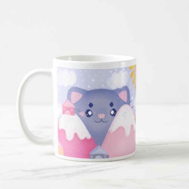 Whimsikkatze und Wintergebirge mit Niedlicher Sonn Kaffeetasse (Links)