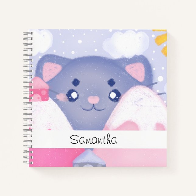 Whimsikkatze und Wintergebirge mit Niedlicher Sonn Notizbuch (Vorderseite)