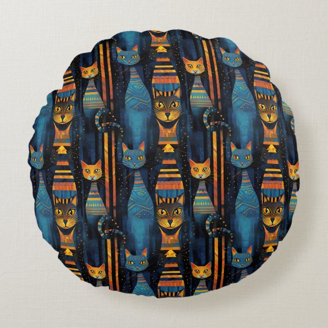 Whimsikkatzen Ägyptische KI Kunst Rundes Kissen (Vorderseite)