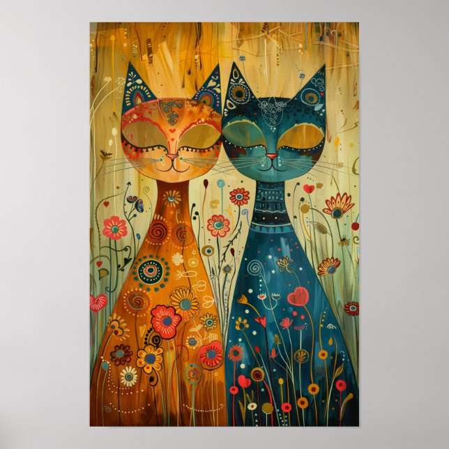 Whimsikkatzen in Harmonie: farbenfrohe Kunst des V Poster (Vorne)