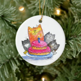 Whimsikkatzen mit Geburtstagskuchen Keramik Ornament