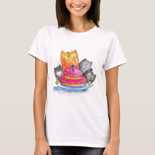 Whimsikkatzen mit Geburtstagskuchen T-Shirt (Vorderseite)