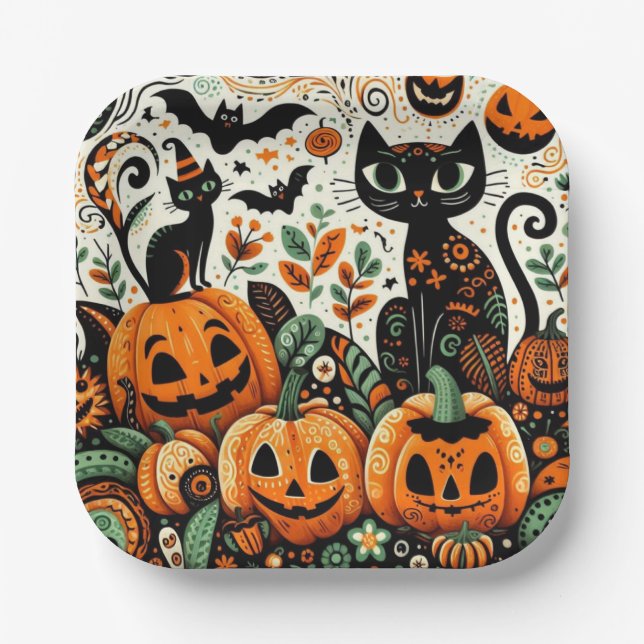 Whimsikkatzen, Pumpkins und Fledermäuse Pappteller (Vorderseite)