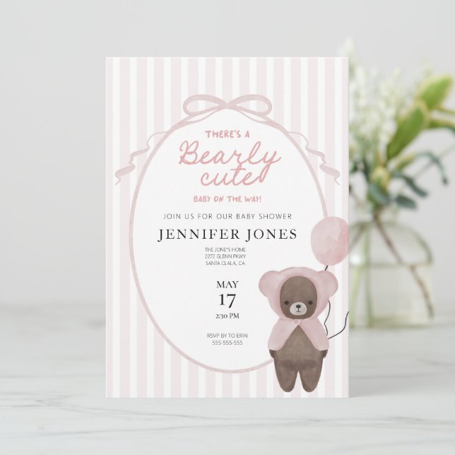 Whimsikrosa Teddy Bär Baby Dusche Einladung (Stehend Vorderseite)