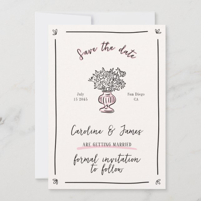 Whimsikum, handgezeichnete Blume Save the Date Einladung (Vorderseite)
