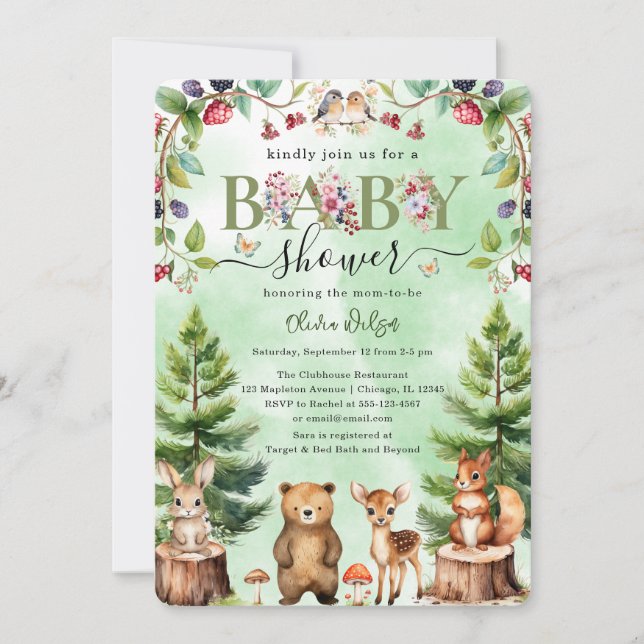 Whimsikum Waldtierblumen Babydusche Einladung (Vorderseite)