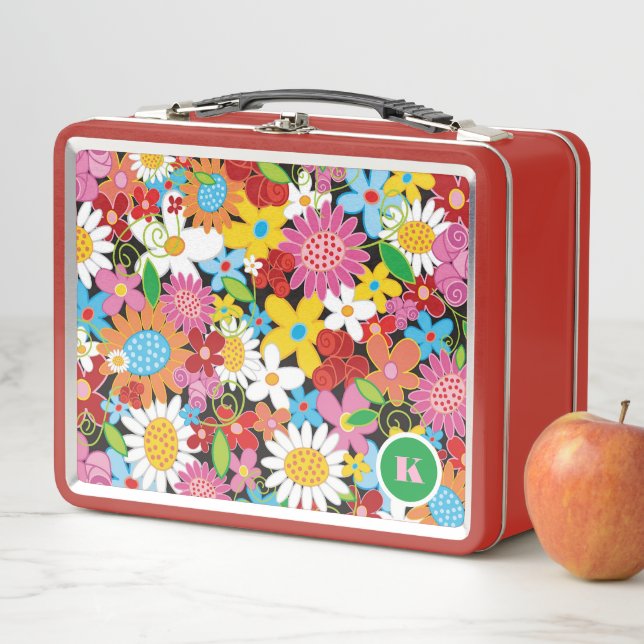 Whimsisch farbige Frühlingsblumen Garten Monogramm Metall Brotdose (Beispiel)