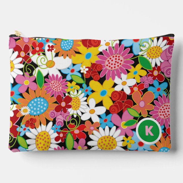 Whimsisch farbige Frühlingsblumen Garten Monogramm Zubehörtasche (Vorderseite)